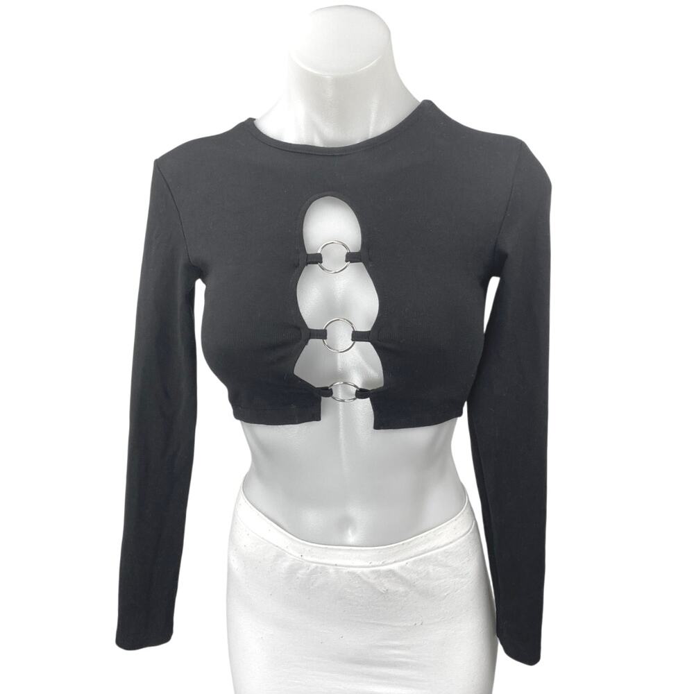 Edikted Women's Black Cutout Crewneck Long Sleeve Knit Crop Sweater Top Size XS